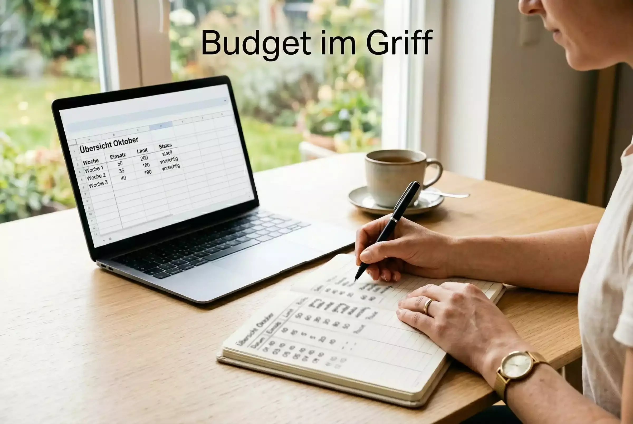 Bankroll Management — Person plant ihr Wettbudget mit Notizbuch und Stift am Schreibtisch