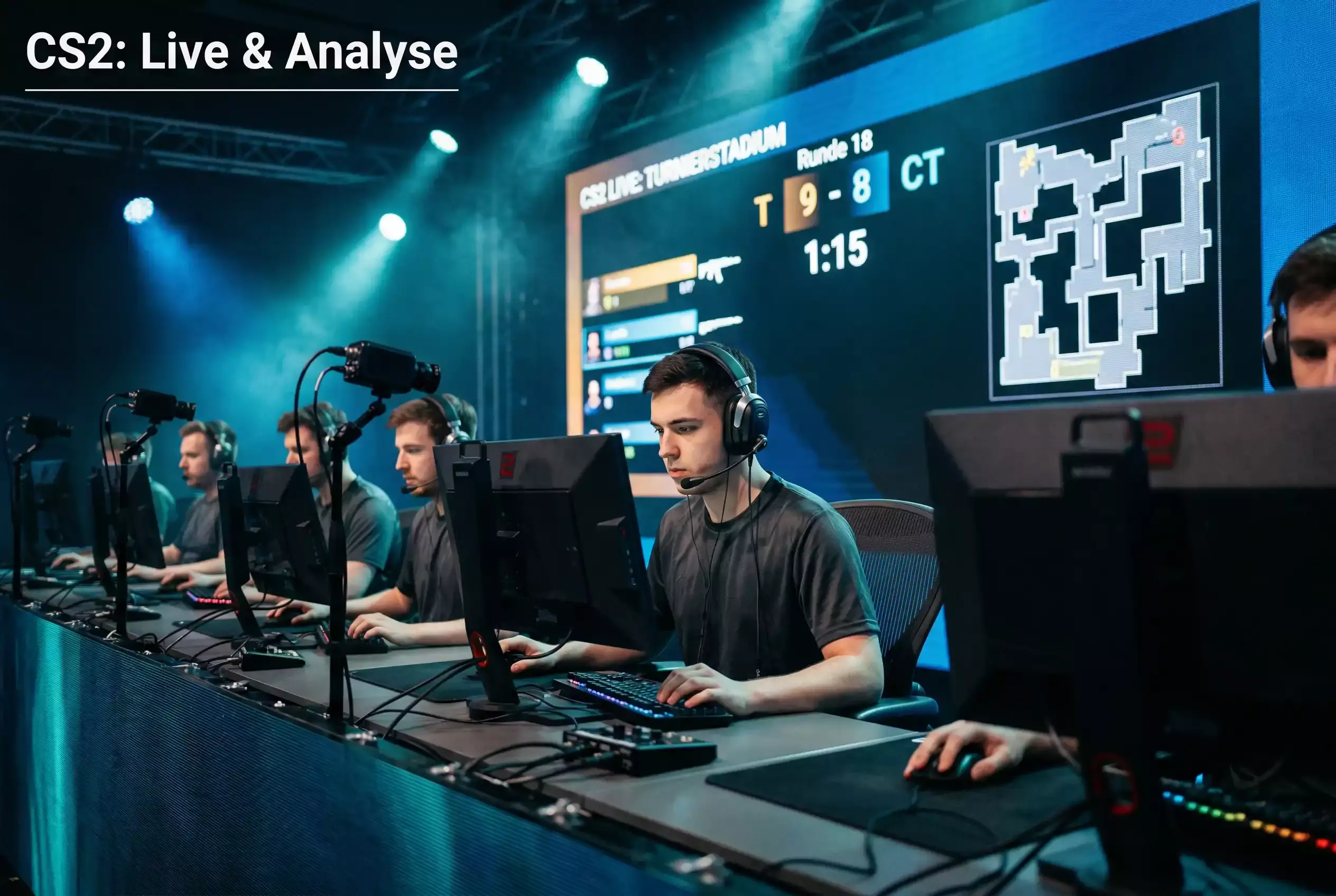 CS2 Wetten — Profispieler mit Headsets an Gaming-PCs bei einem Counter-Strike-2-Turnier auf der Bühne
