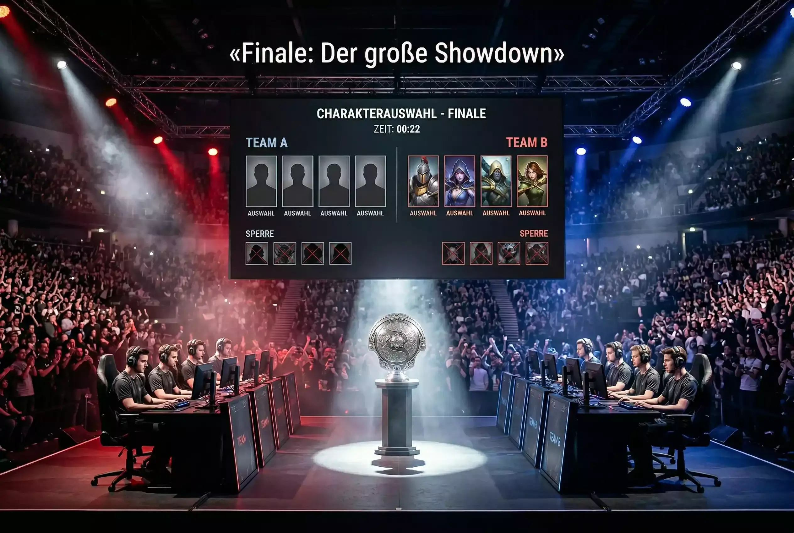 Dota 2 Wetten — Blick auf die Hauptbühne von The International mit dem Aegis-Pokal