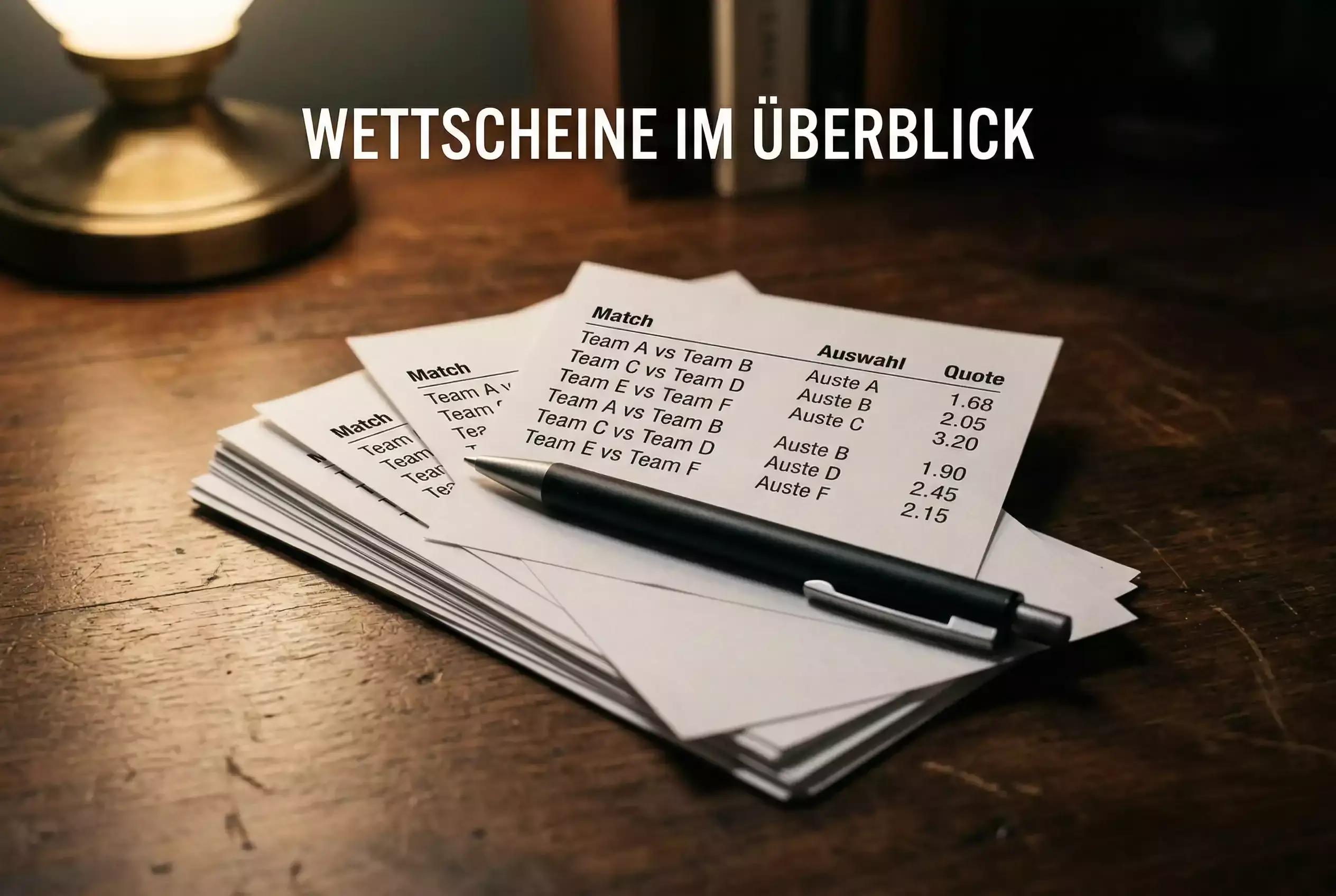 eSport Kombiwetten — Mehrere Wettscheine übereinander auf einem Schreibtisch mit Stift