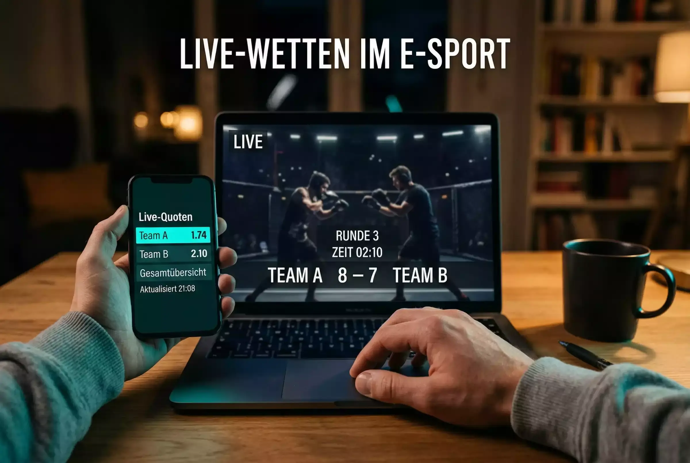 eSport Live-Wetten — Person verfolgt ein laufendes eSport-Match auf dem Laptop mit Echtzeit-Quoten