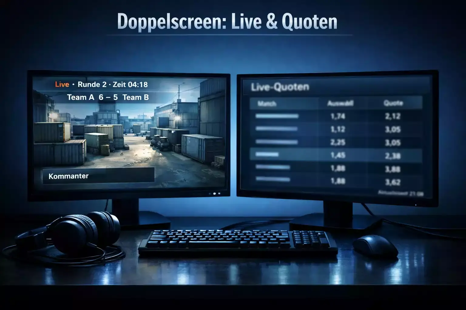 eSport Livestream — Zwei Bildschirme zeigen einen eSport-Stream und eine Wettseite nebeneinander