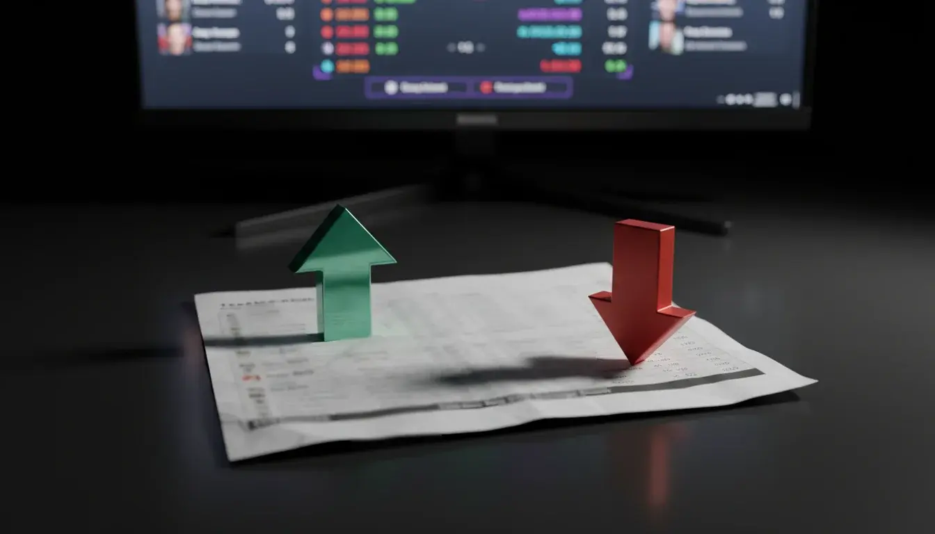 eSport Over/Under Wetten — Zwei Pfeile, einer nach oben und einer nach unten, auf einem dunklen Hintergrund mit Spielstatistiken