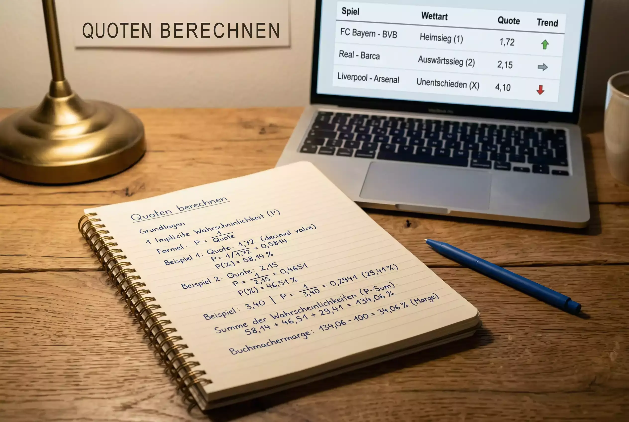 eSport Quoten — Nahaufnahme eines Notizblocks mit handschriftlichen Quotenberechnungen neben einem Laptop
