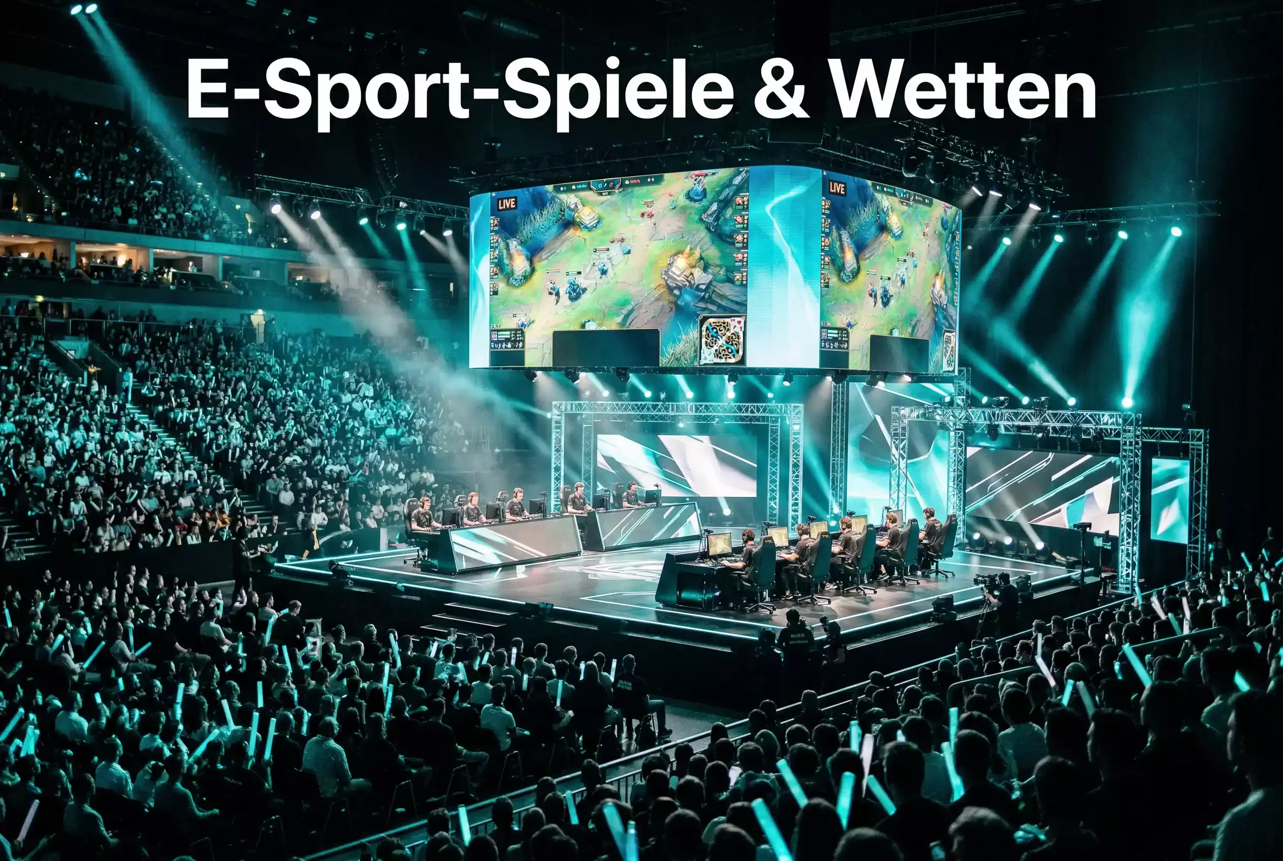 Auf welche eSport-Spiele wetten — Turnierarena mit großen Bildschirmen und Spielern