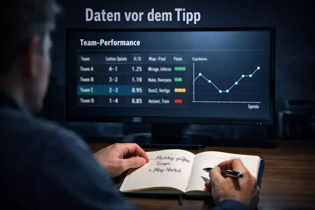 eSport Team-Analyse — Person studiert Teamstatistiken auf einem großen Monitor mit Datentabellen