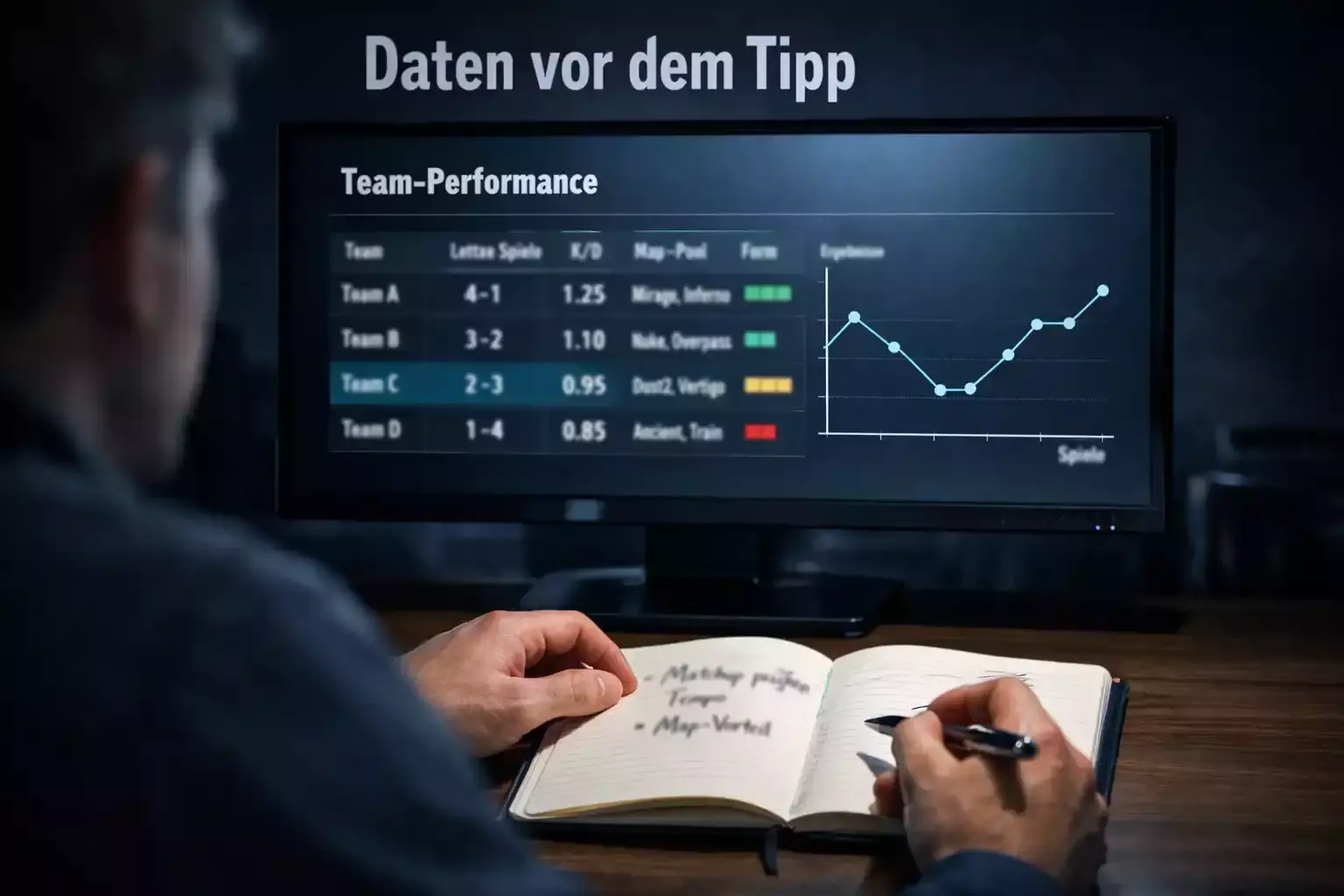 eSport Team-Analyse — Person studiert Teamstatistiken auf einem großen Monitor mit Datentabellen