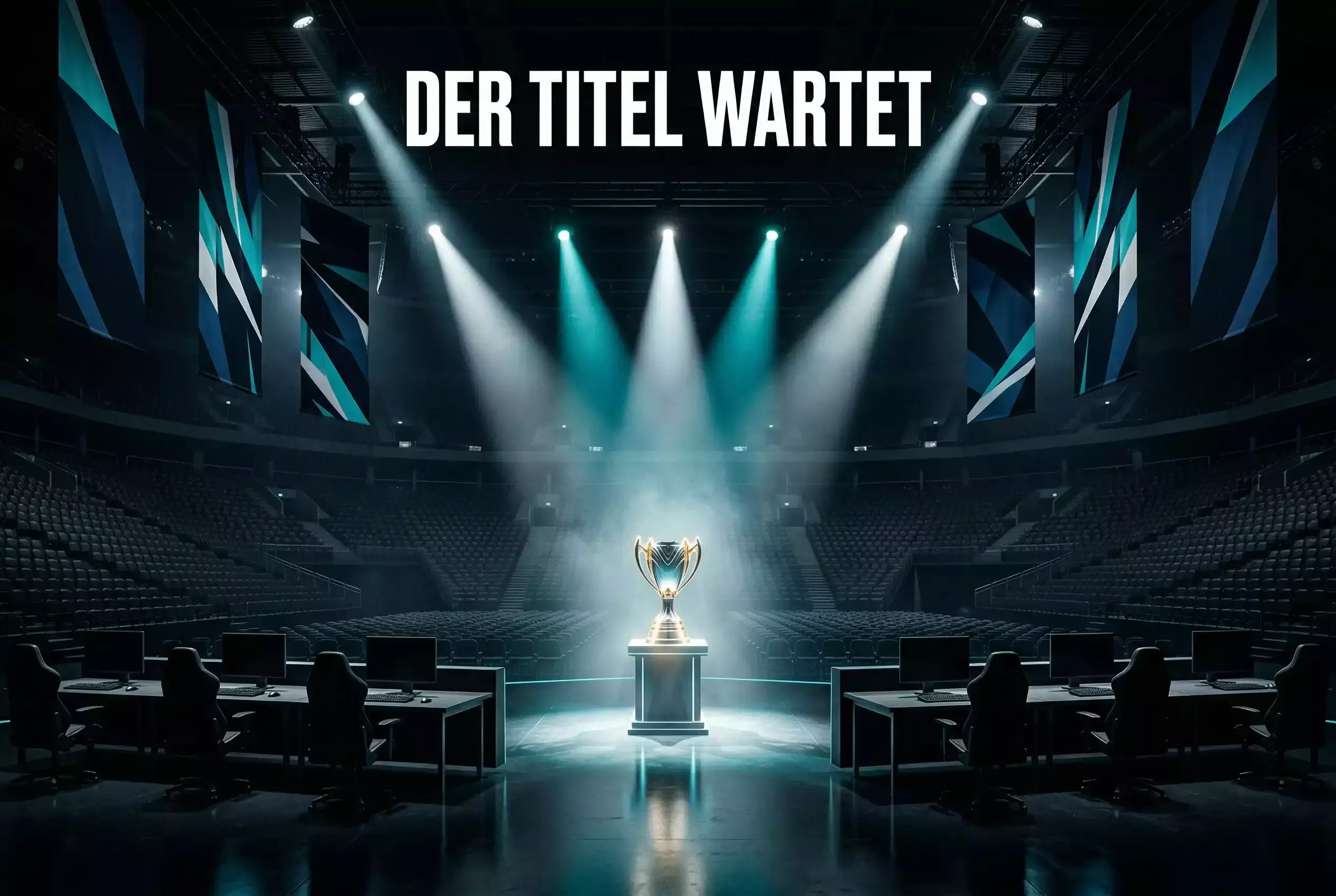 eSport Turniere 2026 — Großer Pokal auf einer beleuchteten eSport-Bühne vor einem Publikum