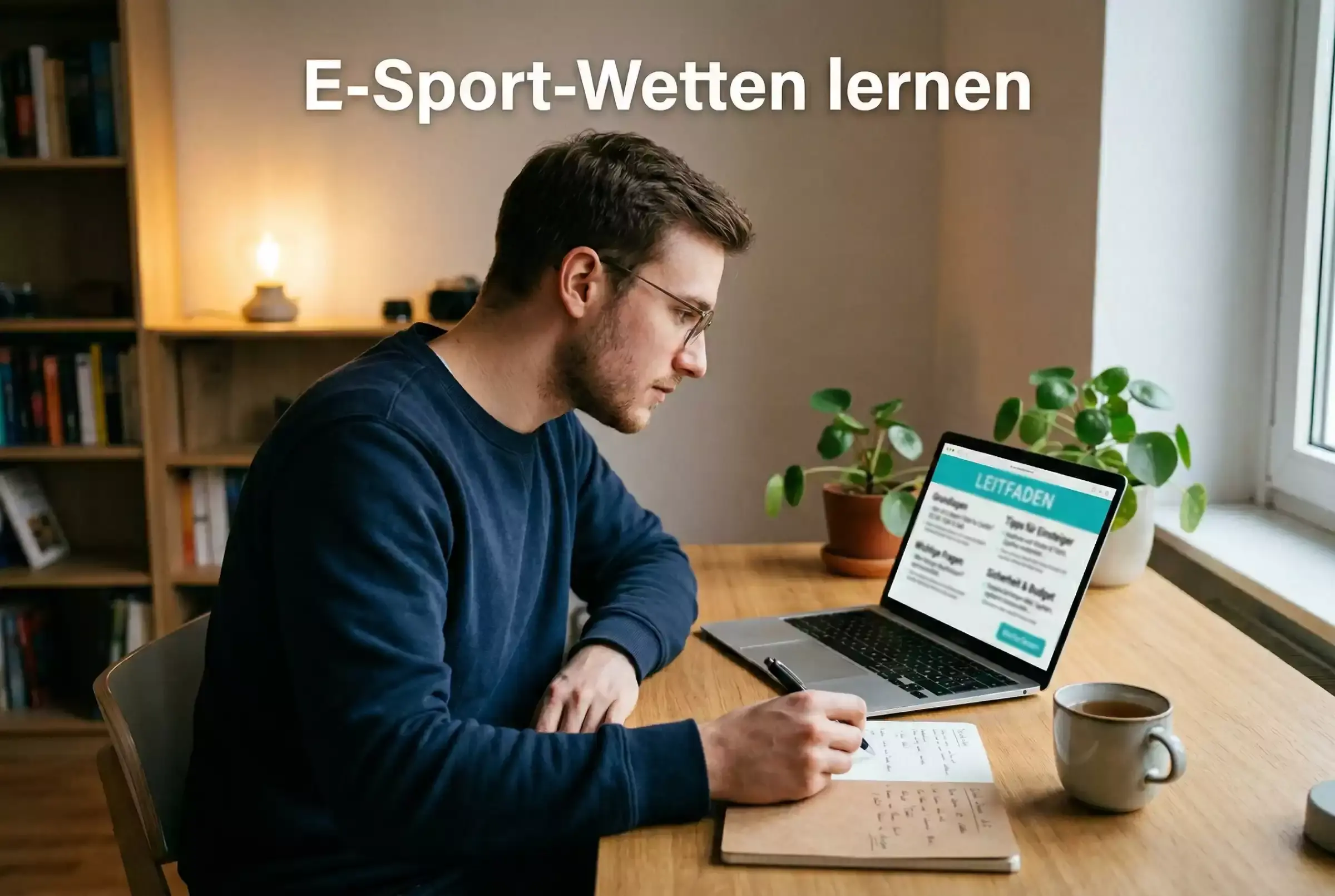 eSport Wetten Anfänger — Junger Mann liest aufmerksam einen Leitfaden auf dem Laptop-Bildschirm
