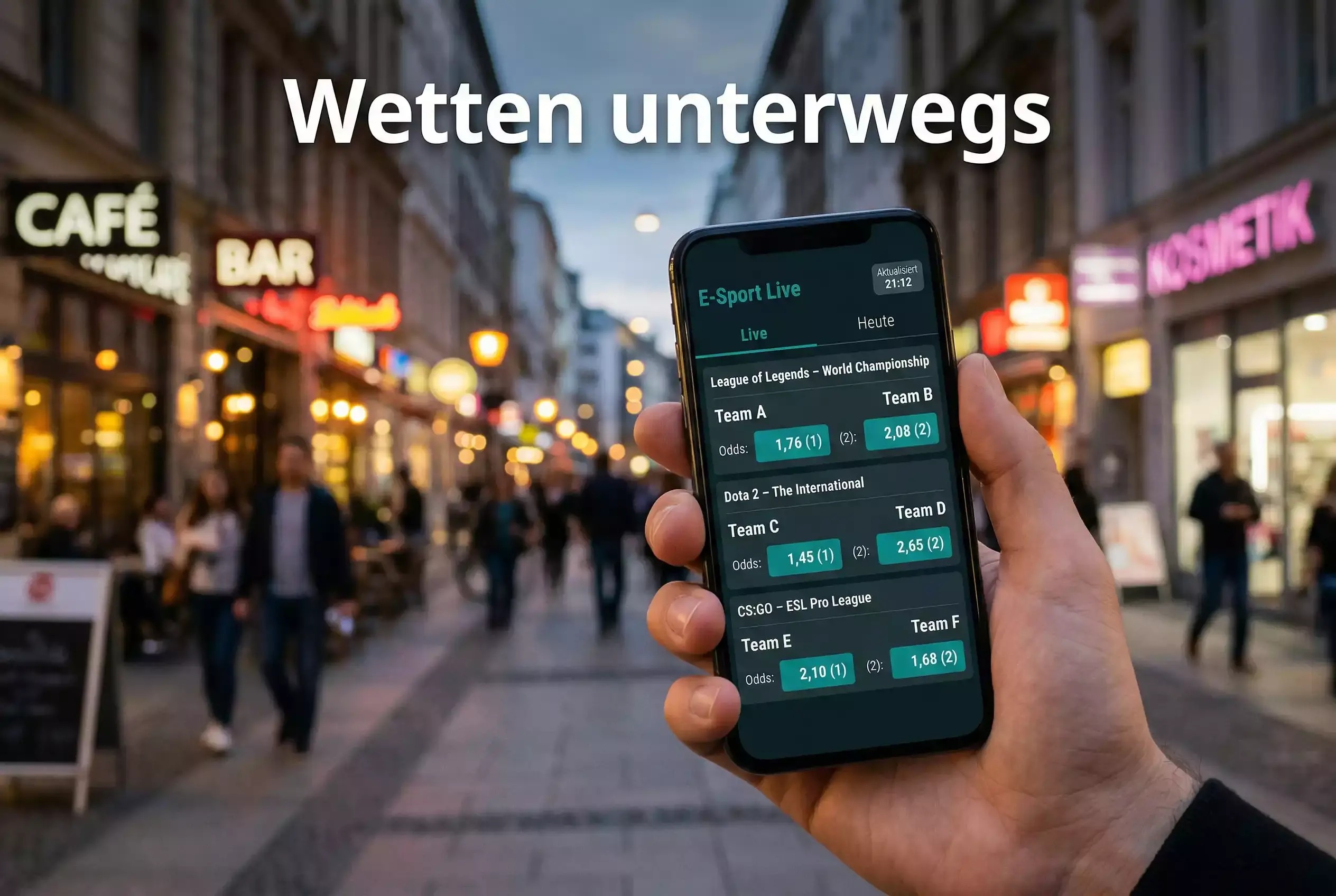 eSport Wetten Apps — Smartphone mit einer eSport-Wett-App in der Hand vor unscharfem Hintergrund