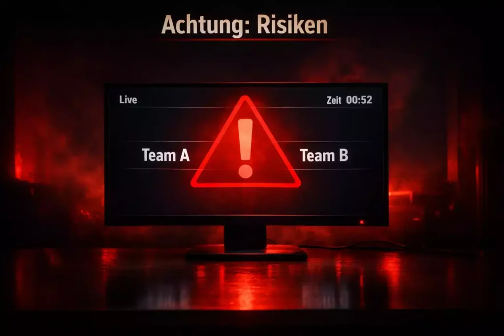 eSport Wetten Betrug — Rotes Warnsymbol vor einem dunklen Bildschirm mit eSport-Match