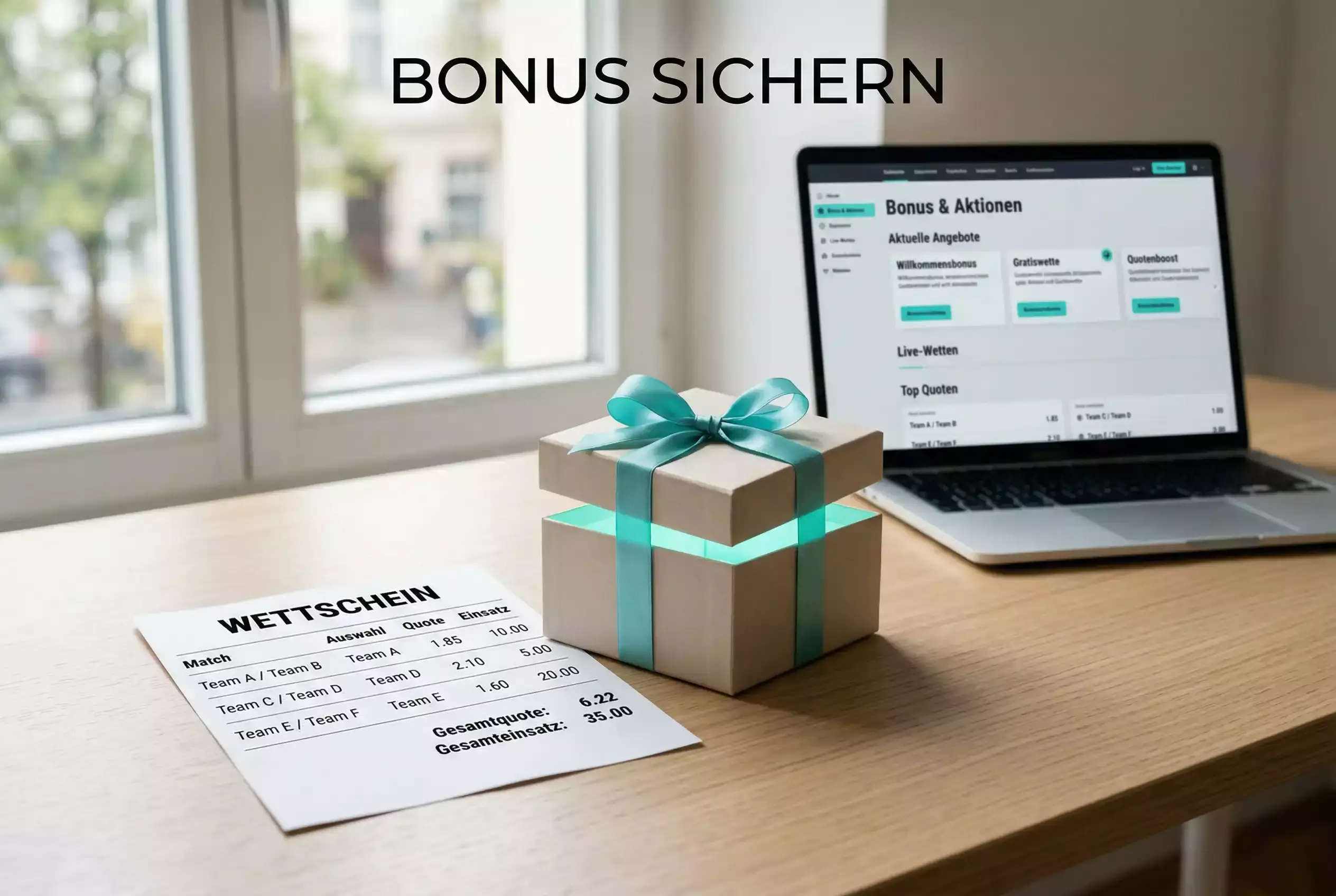 eSport Wetten Bonus — Geschenkbox mit Schleife und einem Wettschein auf einem Schreibtisch