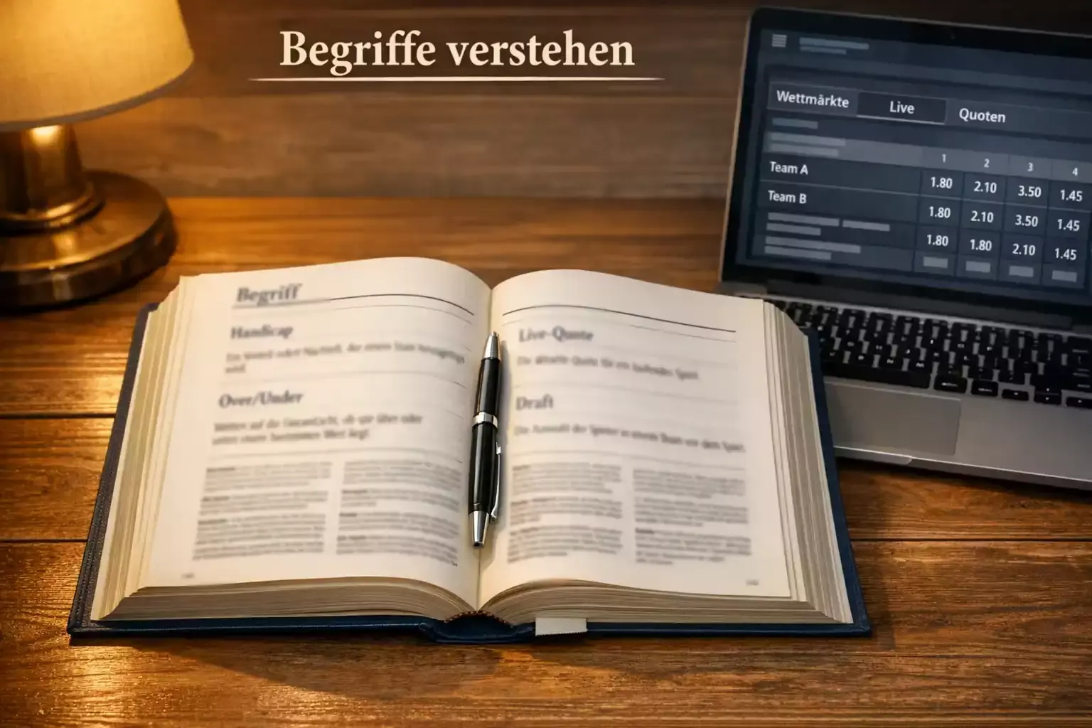 eSport Wetten Glossar — Aufgeschlagenes Wörterbuch neben einem Laptop mit eSport-Wettbegriffen