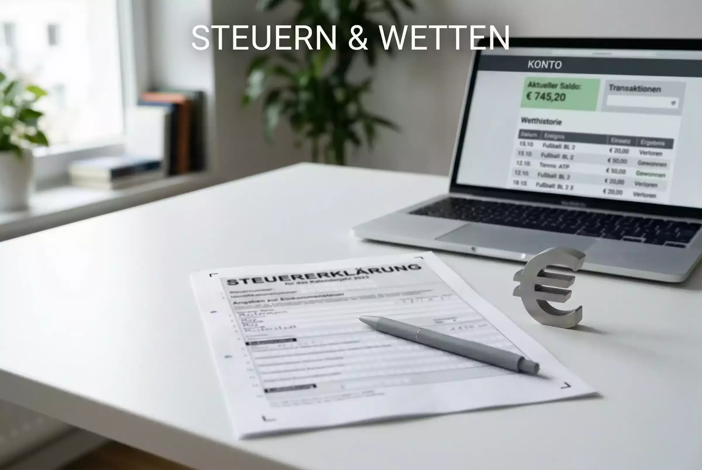 eSport Wetten Steuern — Steuerformular und Stift auf einem Schreibtisch neben einem Laptop