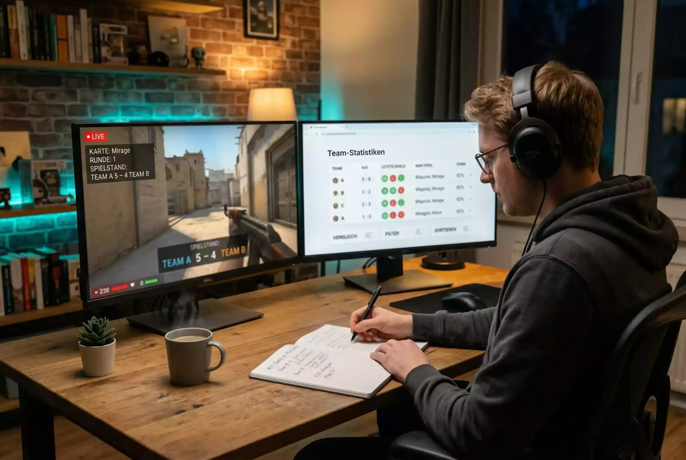 eSport-Wetten Strategie — Spieler bei der Pre-Match-Analyse am Schreibtisch