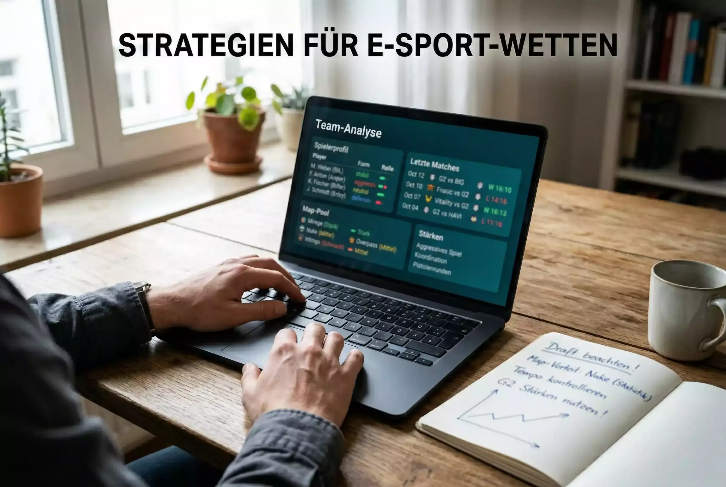 eSport-Wetten Strategien — Person analysiert Teamstatistiken am Laptop