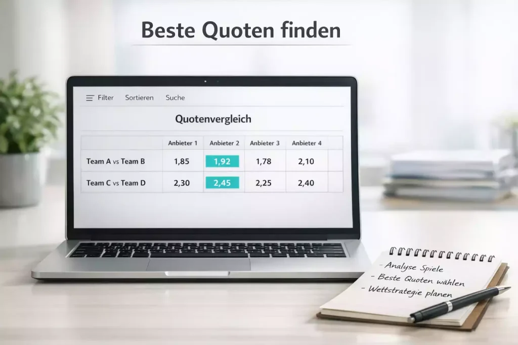 eSport Wettquoten-Vergleich — Laptop-Bildschirm mit nebeneinander angezeigten Quoten verschiedener Anbieter