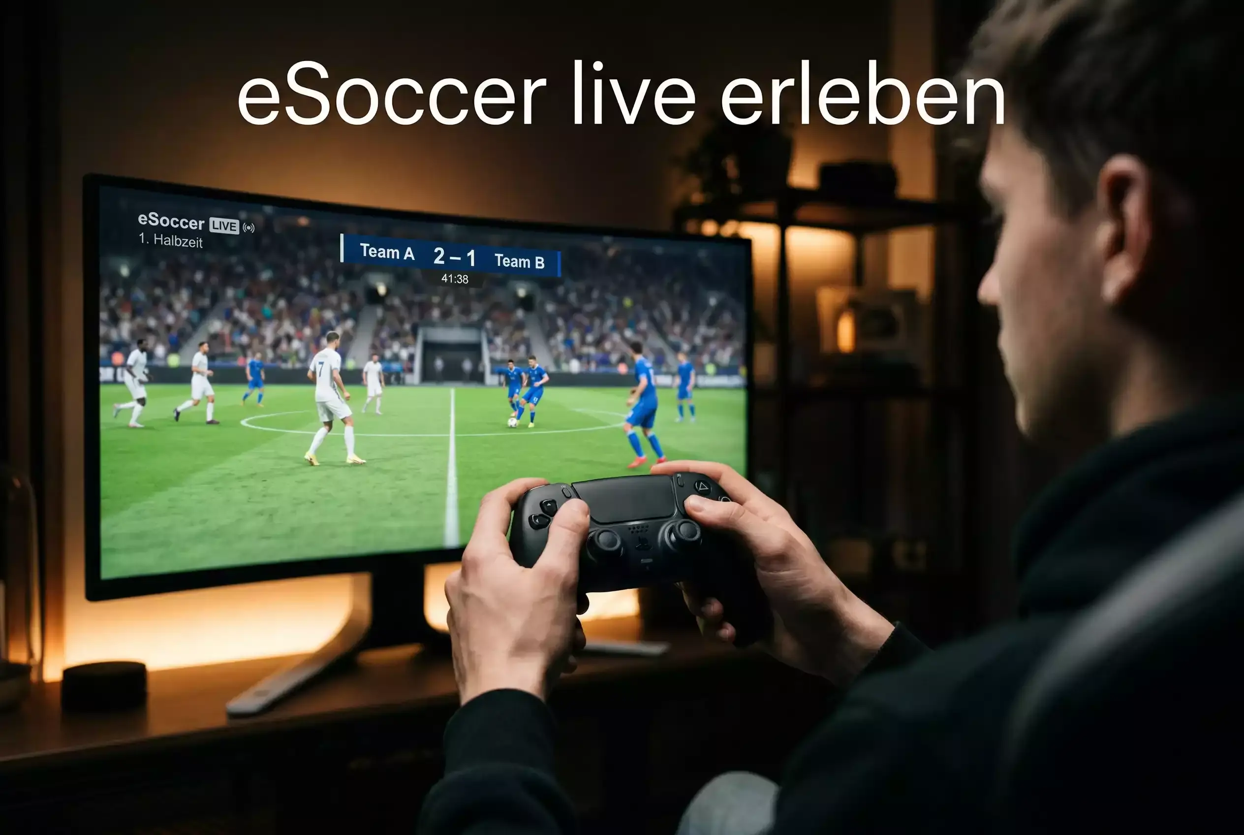 FIFA Wetten — Spieler mit Controller vor einem Bildschirm mit einem virtuellen Fußballspiel