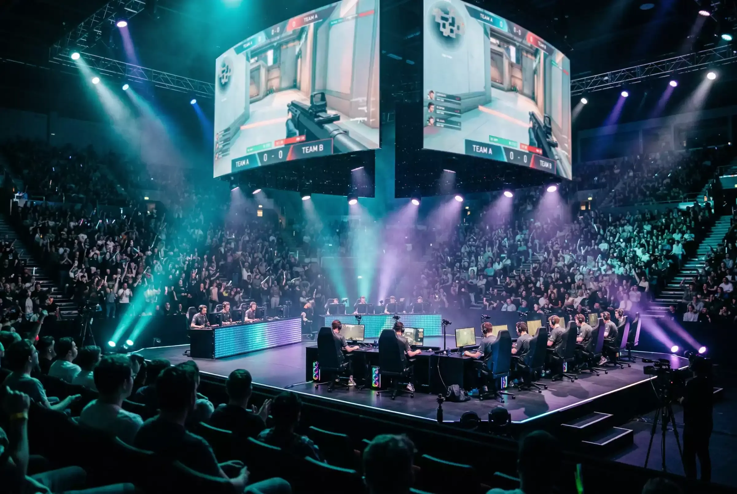 E-Sport Wetten — Turnierarena mit Bildschirmen und Zuschauern