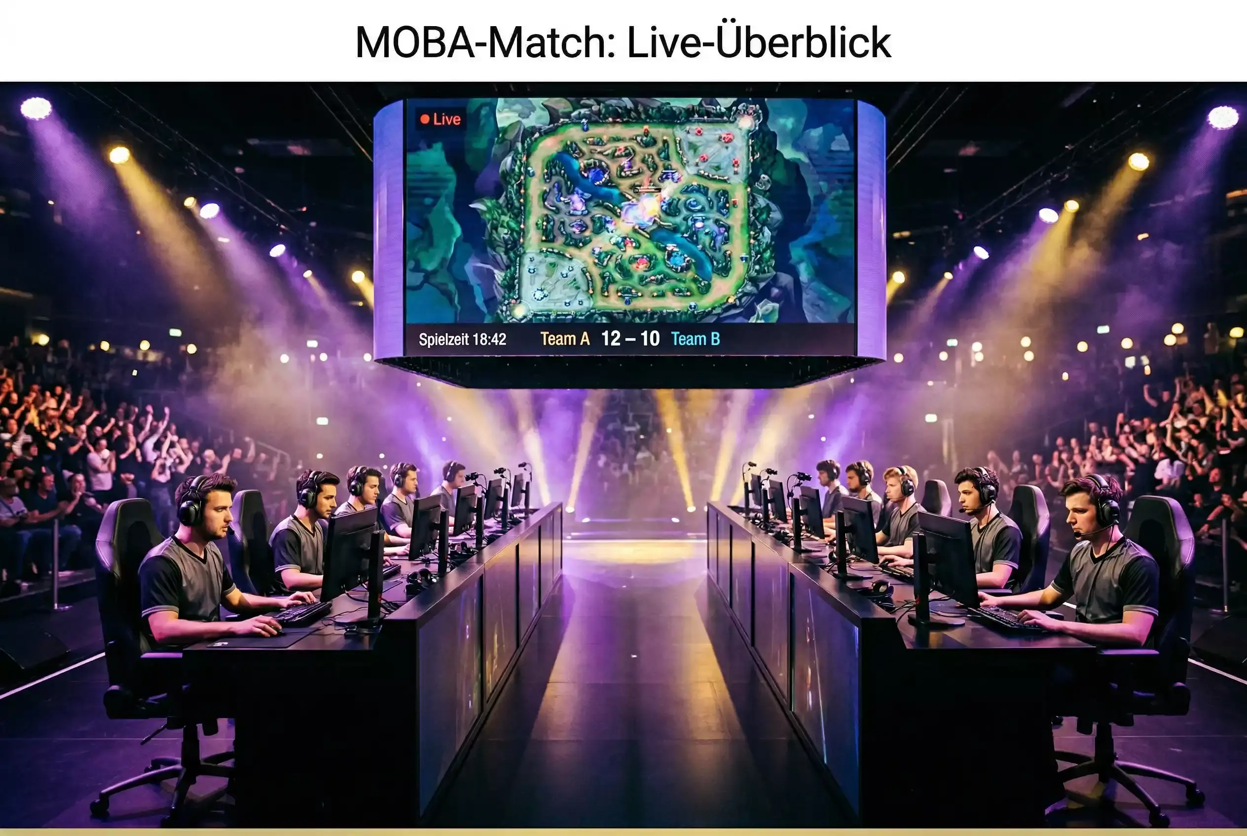 League of Legends Wetten — LoL-Profi-Match auf einer großen Turnierbühne mit Publikum