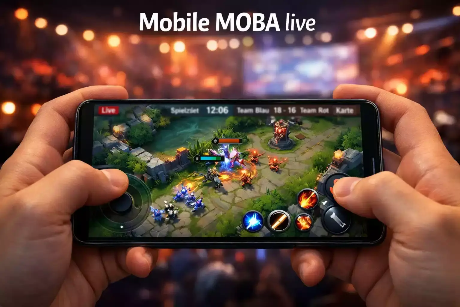 Mobile eSport Wetten — Hände halten ein Smartphone mit einem mobilen eSport-Spiel auf dem Bildschirm