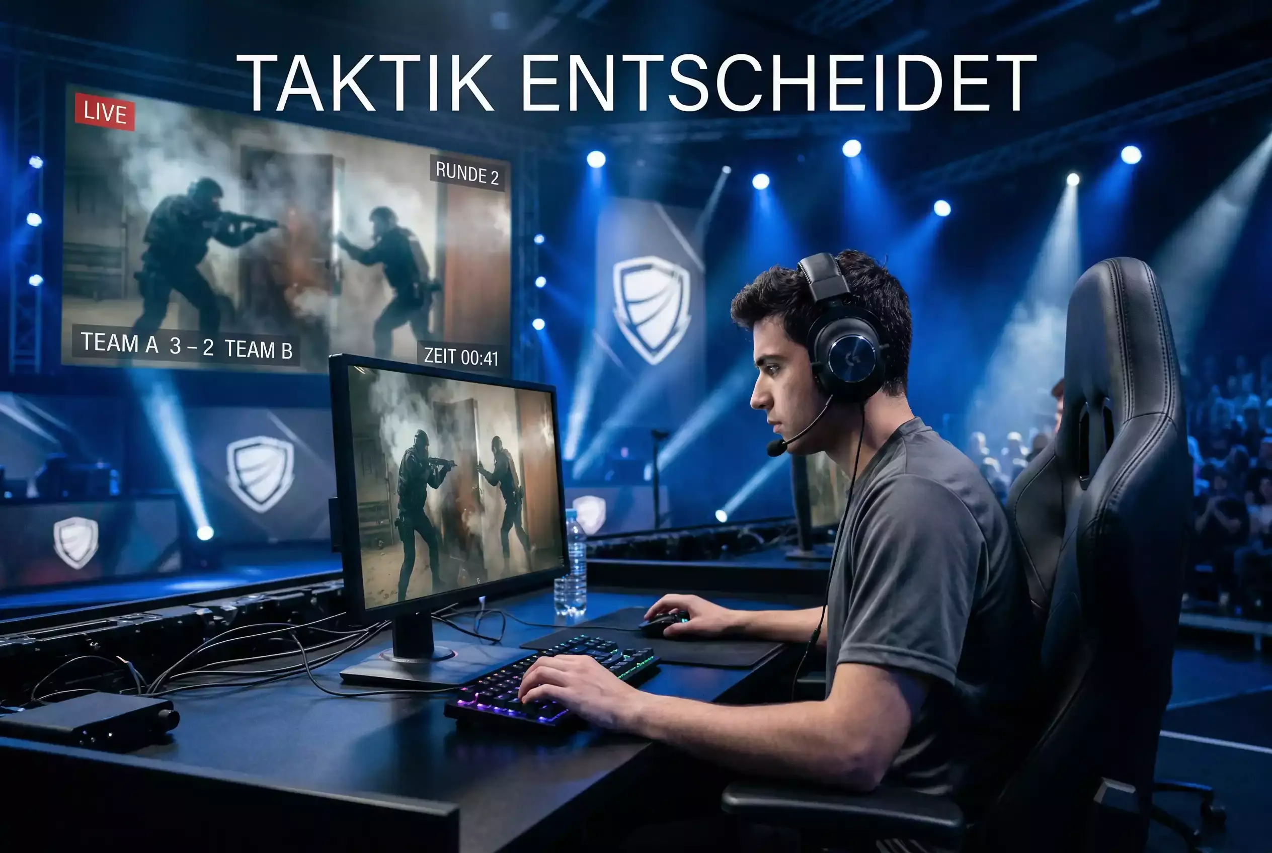 Rainbow Six Siege Wetten — Spieler konzentriert am Gaming-PC bei einem Six Invitational Turnier