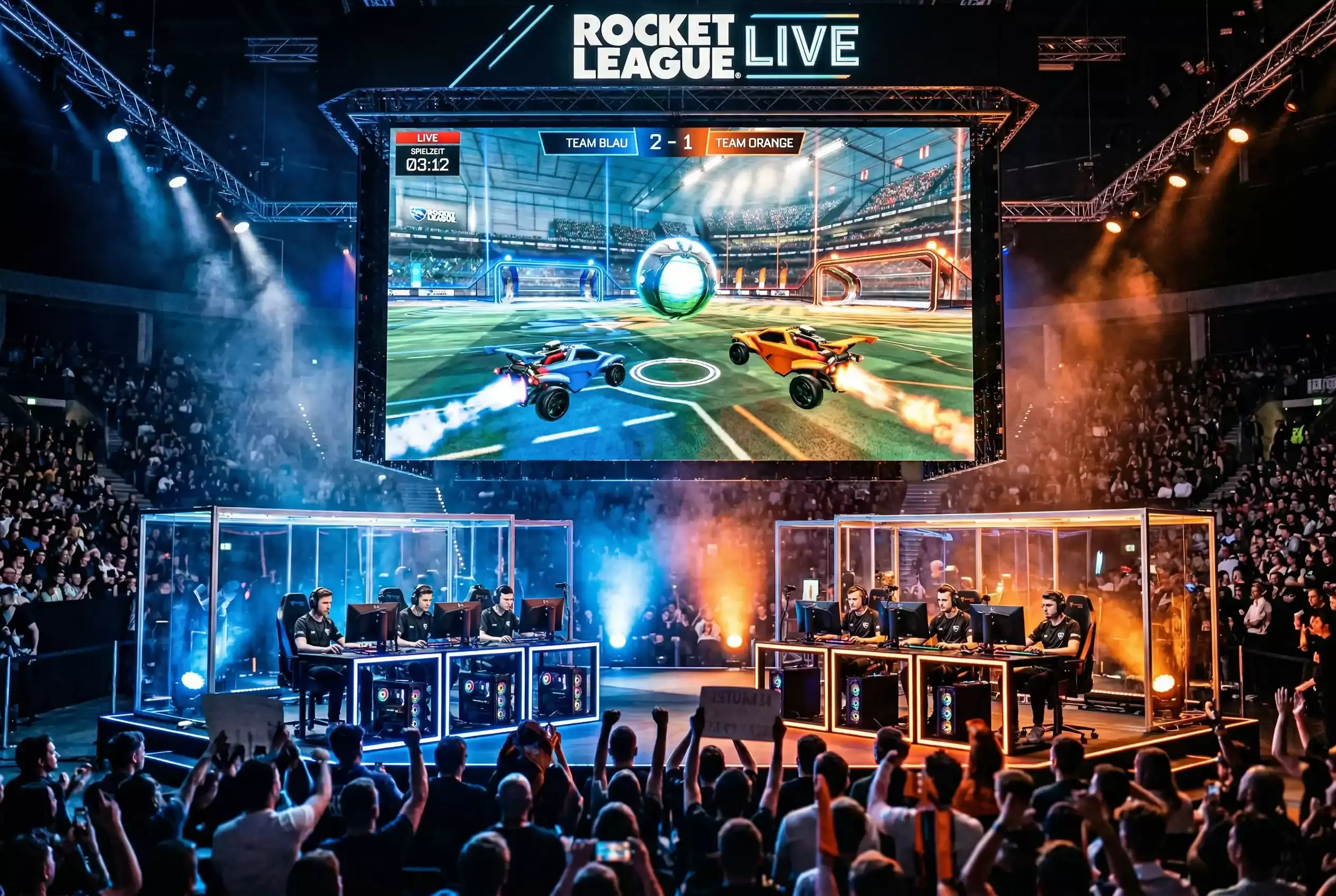 Rocket League Wetten — eSport-Bühne bei einem RLCS-Turnier mit Rocket-League-Spielszene auf dem Bildschirm