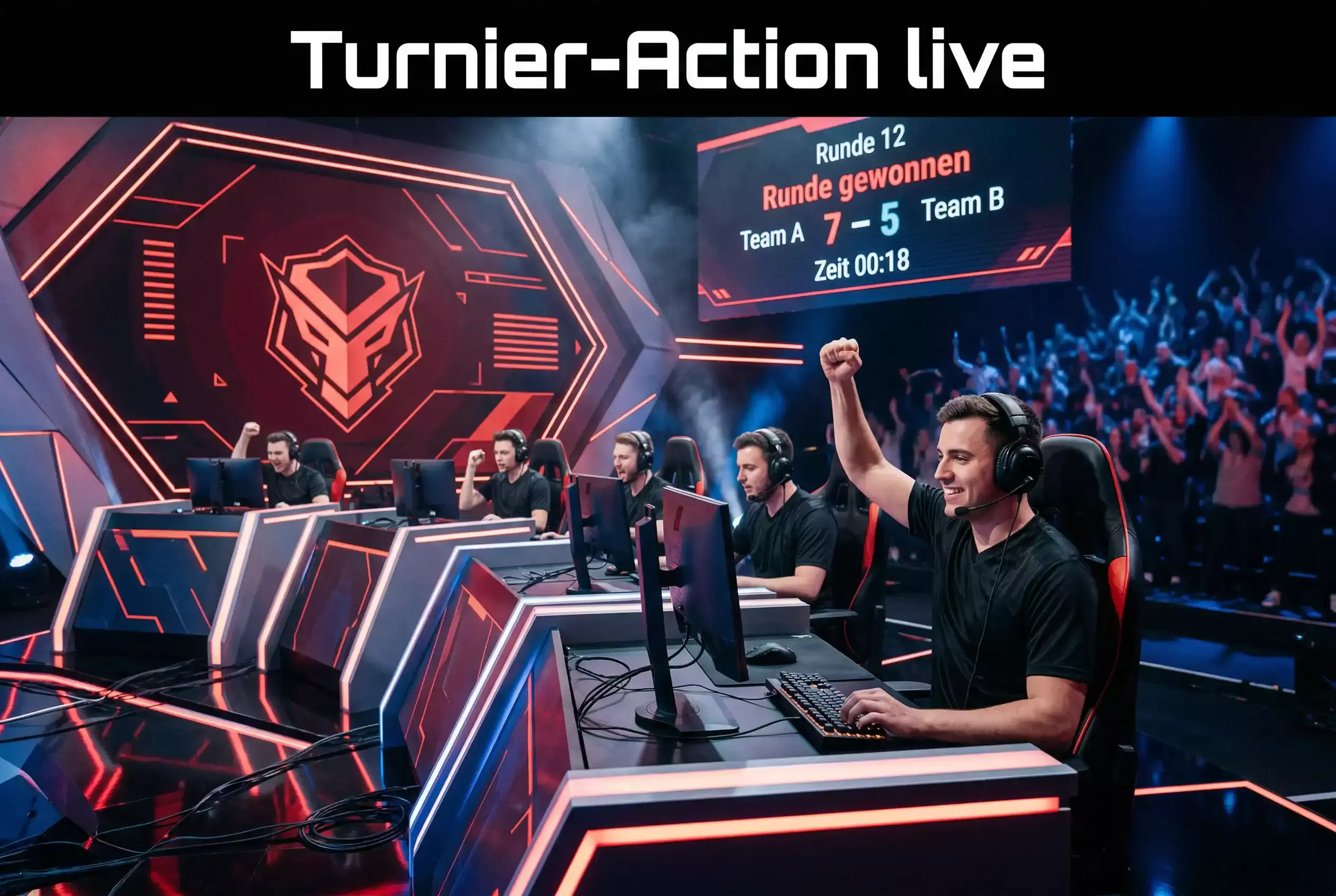 Valorant Wetten — Spieler bei einem VCT Champions Tour Event mit Valorant-Branding auf der Bühne