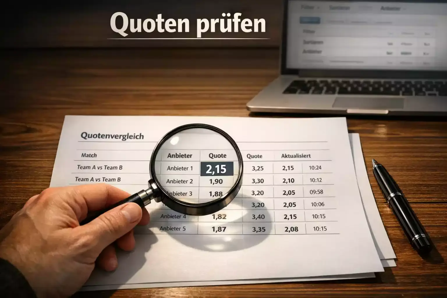 Value Betting eSport — Lupe über einer Tabelle mit Quotenzahlen auf Papier